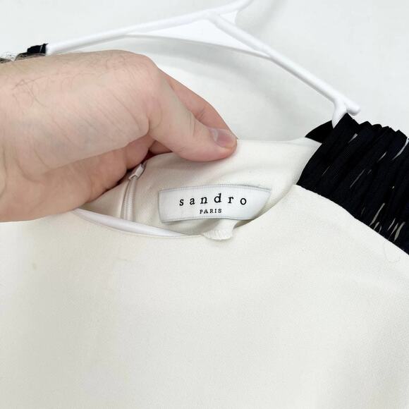 Sandro Paris White Long Sleeve Dress with Fringe Sleeve Detail - Size 1 (S) - Picture 3 of 8